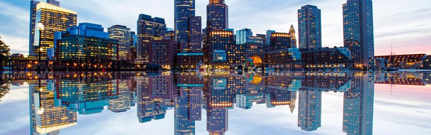 Boston Skyline from Downtown Harborwalk at Night