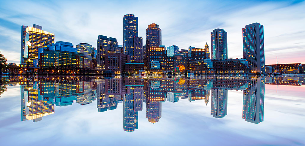 Boston Skyline from Downtown Harborwalk at Night